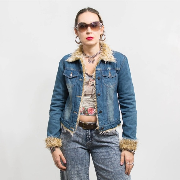 Vintage Y2K Clash Denim Jacket Faux  fur collar women size XL - Picture 9 of 9